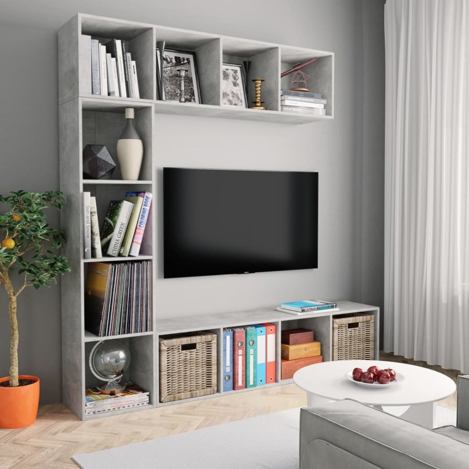 Mueble de TV y librería 3 piezas gris hormigón 180x30x180