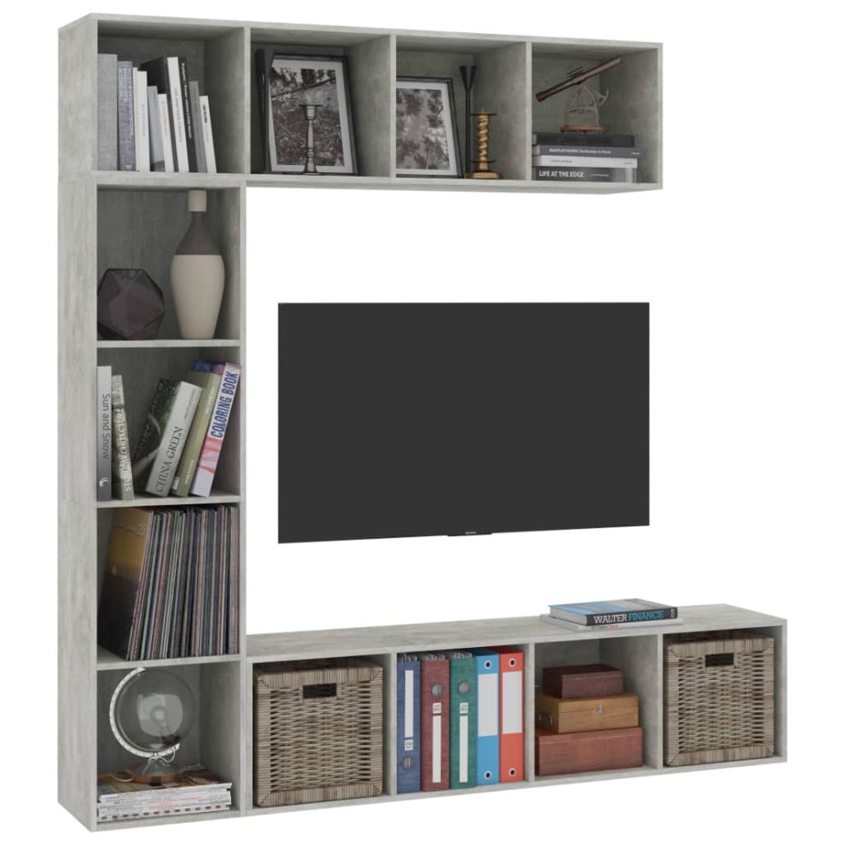 Mueble de TV y librería 3 piezas gris hormigón 180x30x180