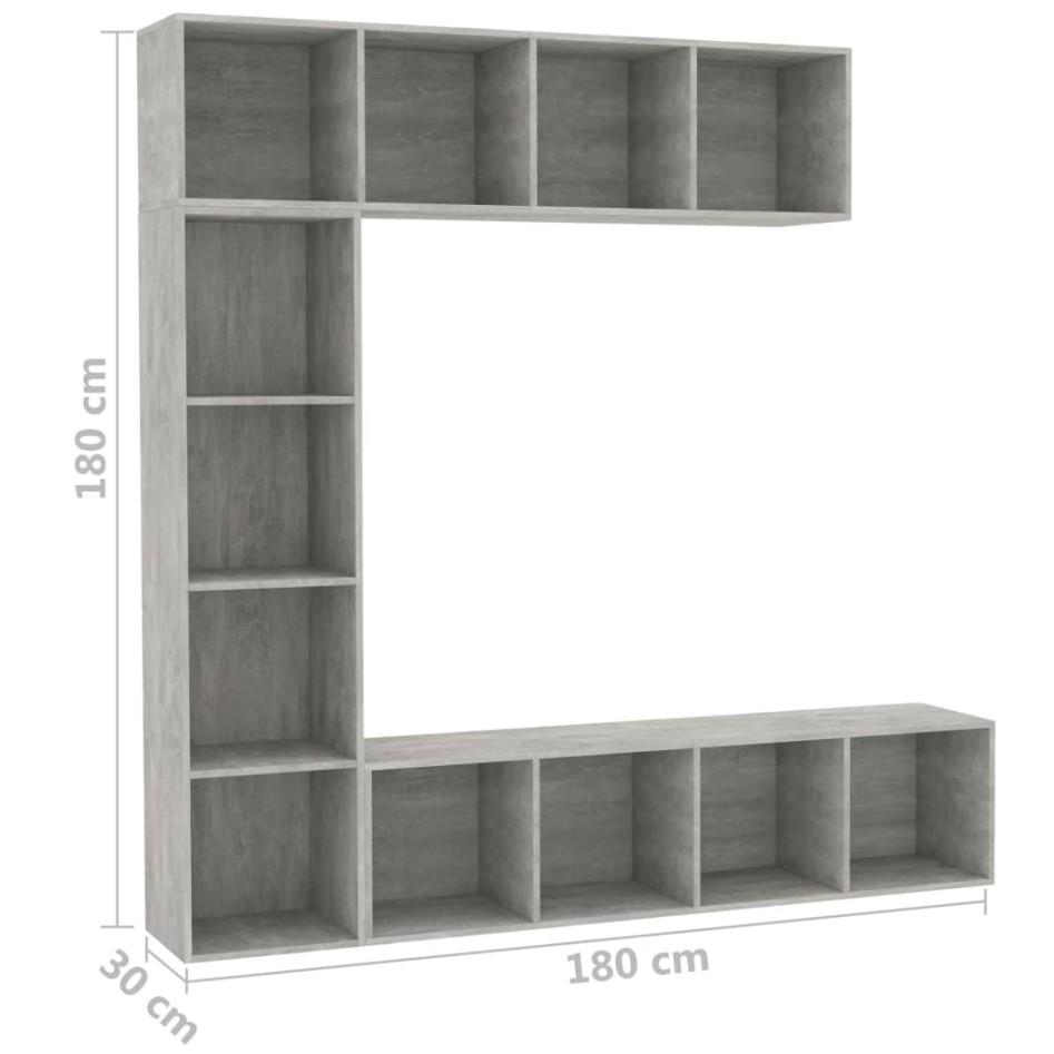 Mueble de TV y librería 3 piezas gris hormigón 180x30x180