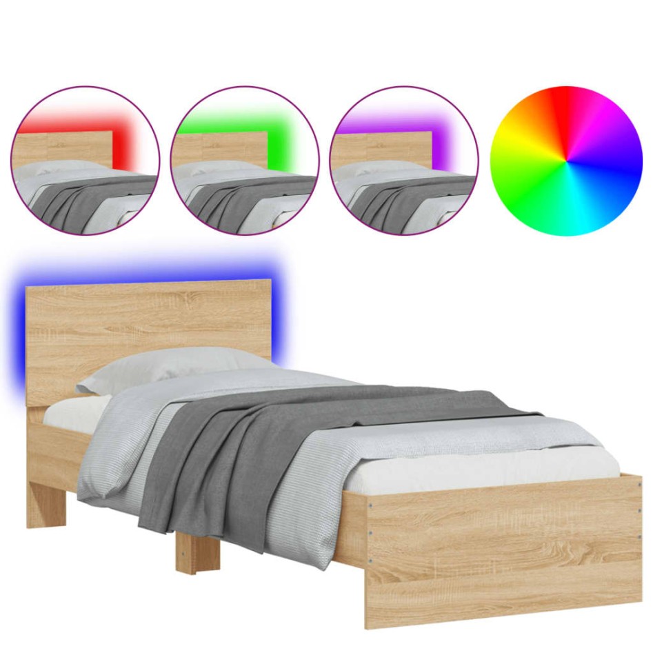 Estructura de cama cabecero luces LED roble Sonoma 90x190