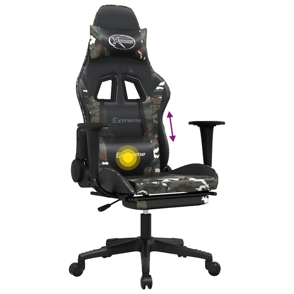 Silla gaming masaje reposapiés cuero sintético negro
