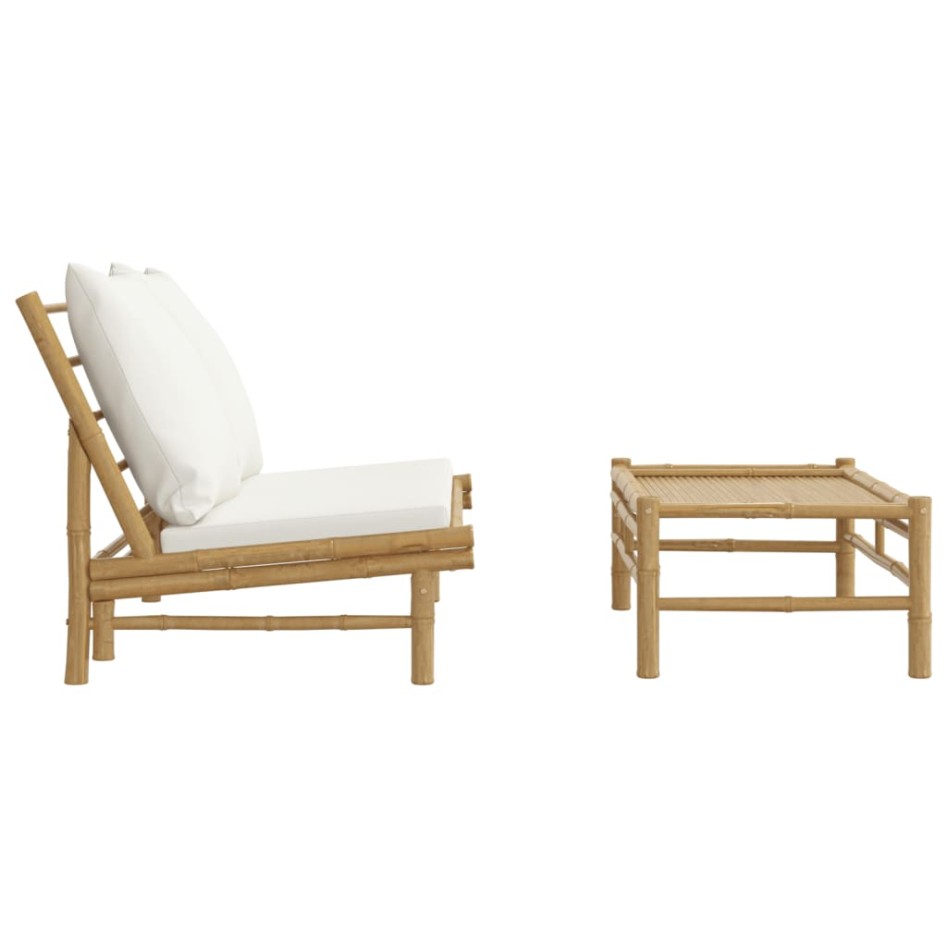 Set de muebles de jardín 2 piezas bambú y cojines blanco