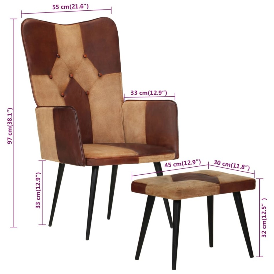 Sillón con reposapiés cuero auténtico y lona