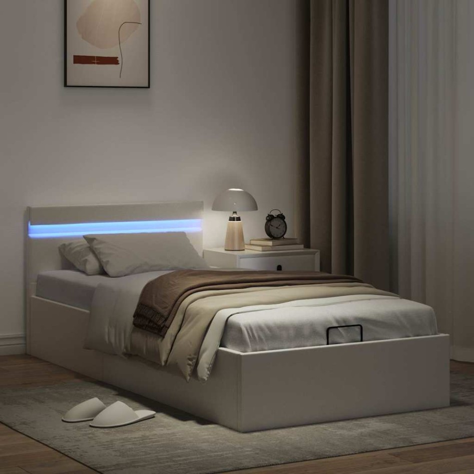 Cama canapé hidráulica con LED sin colchón blanco 100x200
