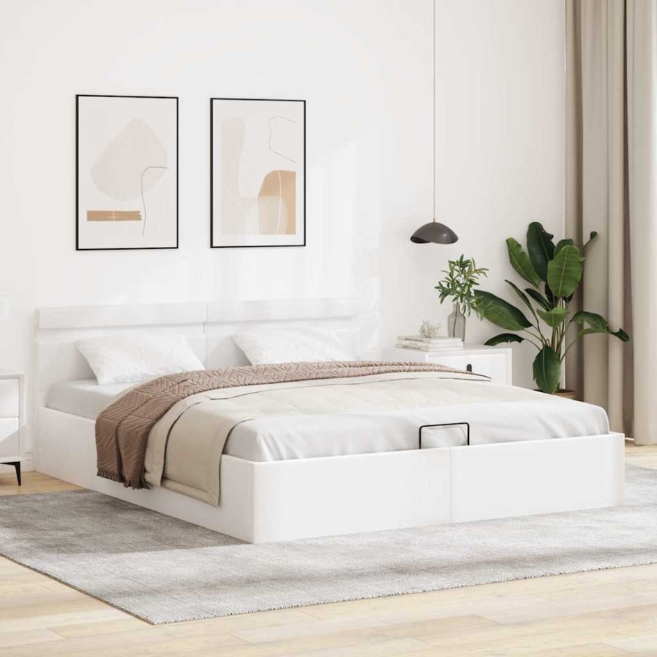 Cama canapé hidráulica con LED sin colchón blanco 180x200