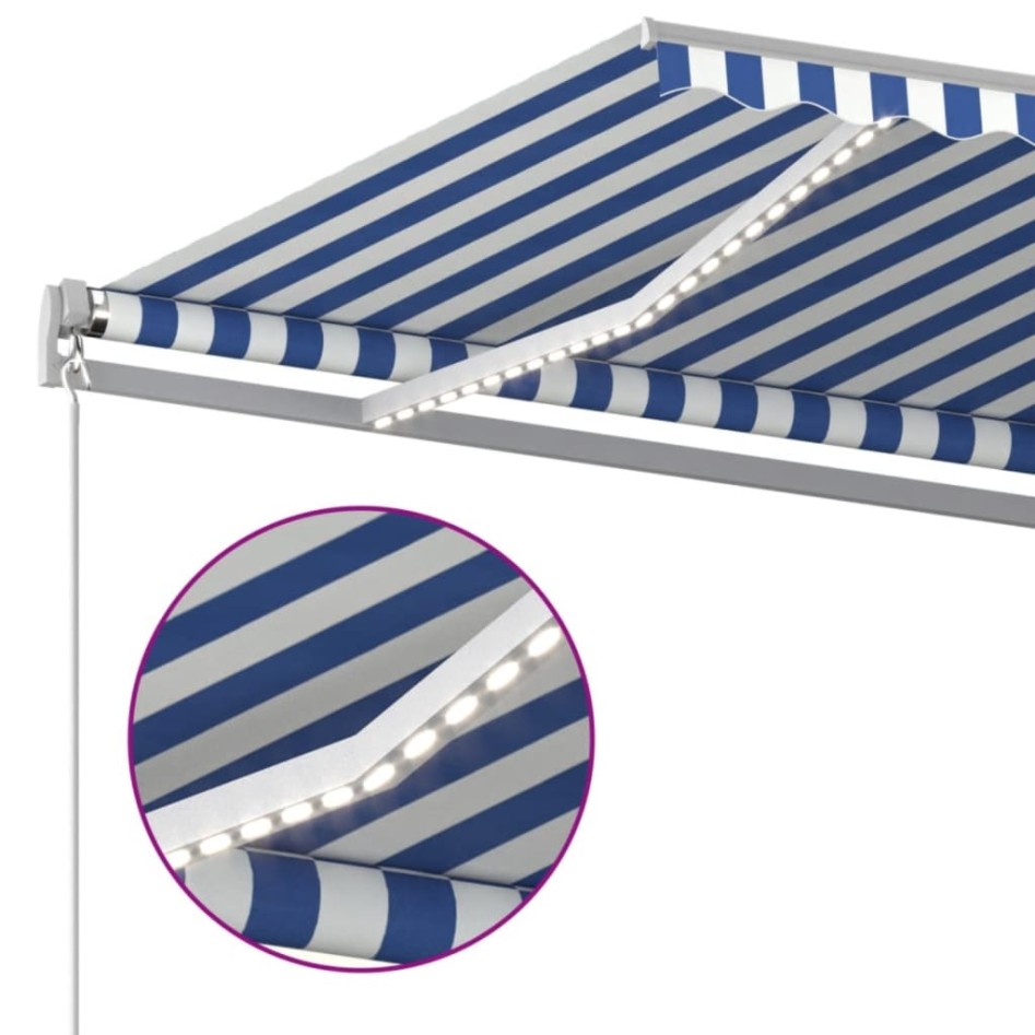Toldo retráctil manual con LED azul y blanco 500x350