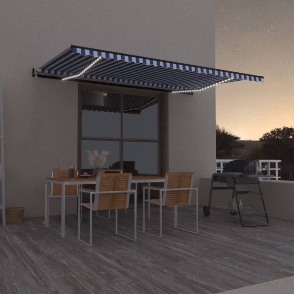 Toldo automático LED sensor de viento azul y blanco 500x300