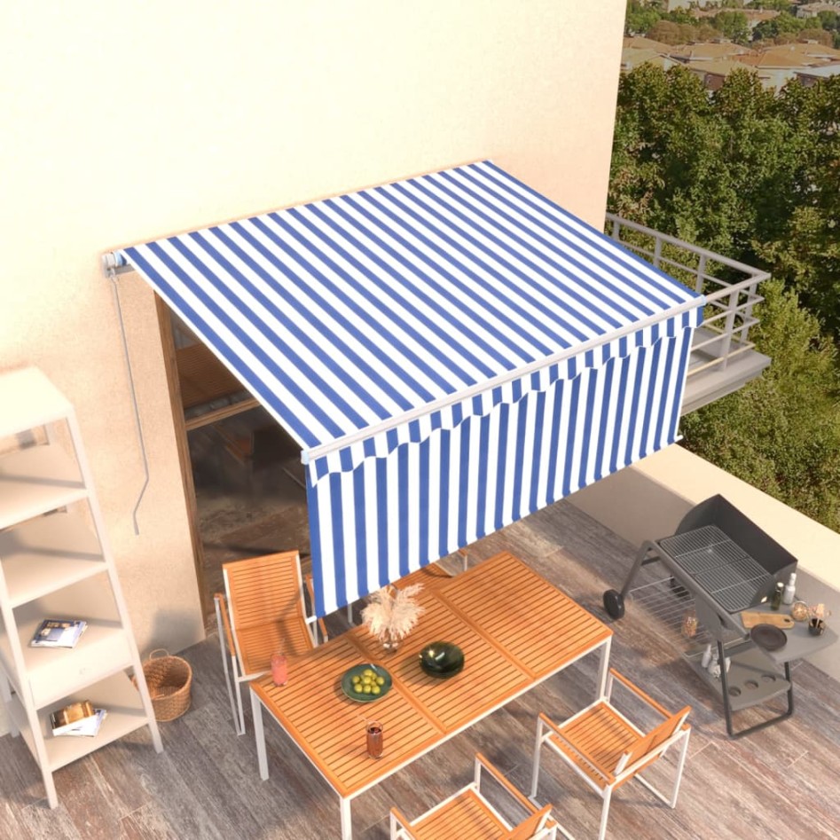 Toldo retráctil manual con persiana azul y blanco 3,5x2,5
