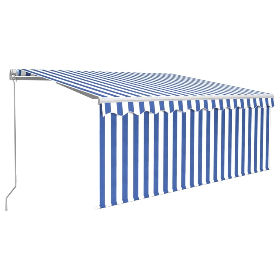 Toldo retráctil manual con persiana azul y blanco 3,5x2,5