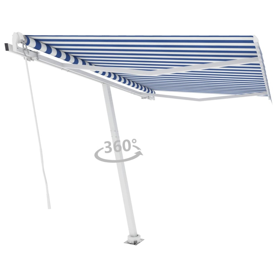 Toldo de pie retráctil manual azul y blanco 300x250