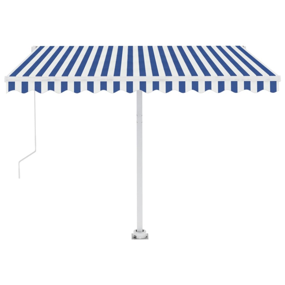 Toldo de pie retráctil manual azul y blanco 300x250