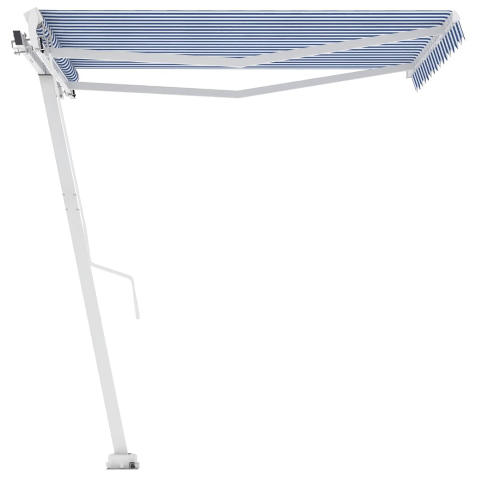 Toldo de pie retráctil manual azul y blanco 300x250