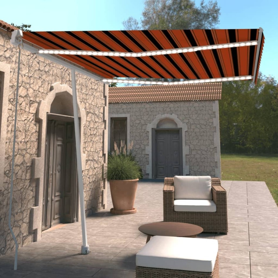 Toldo manual retráctil con luz LED naranja y marrón 300x250
