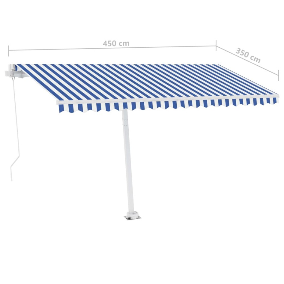 Toldo de pie retráctil manual azul y blanco 450x350