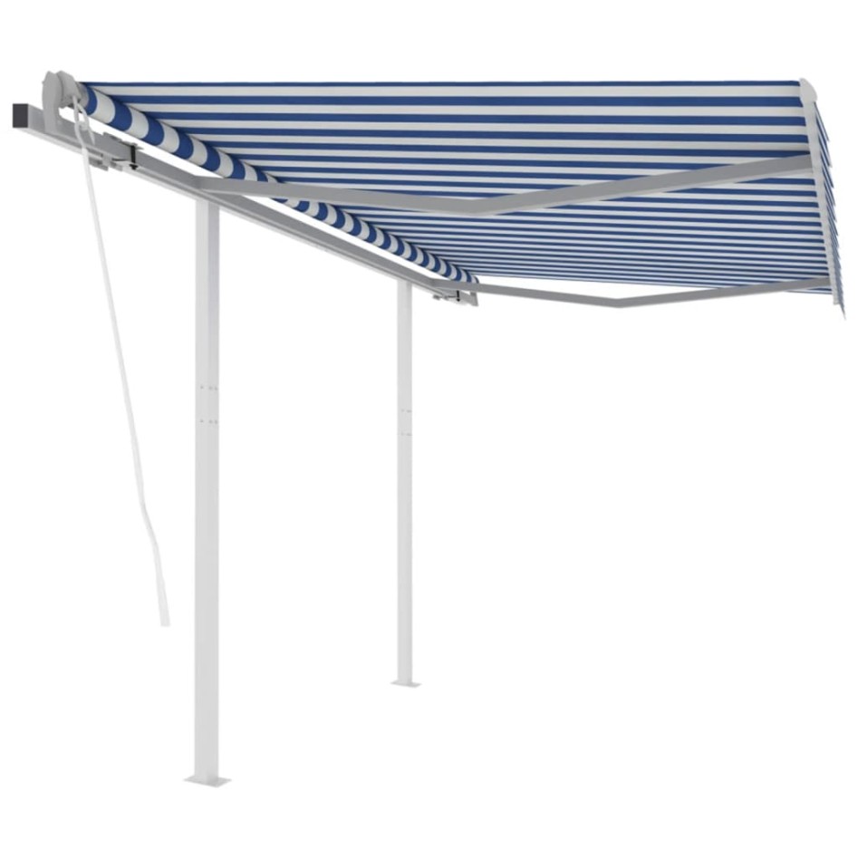 Toldo retráctil automático con postes azul y blanco 3,5x2,5
