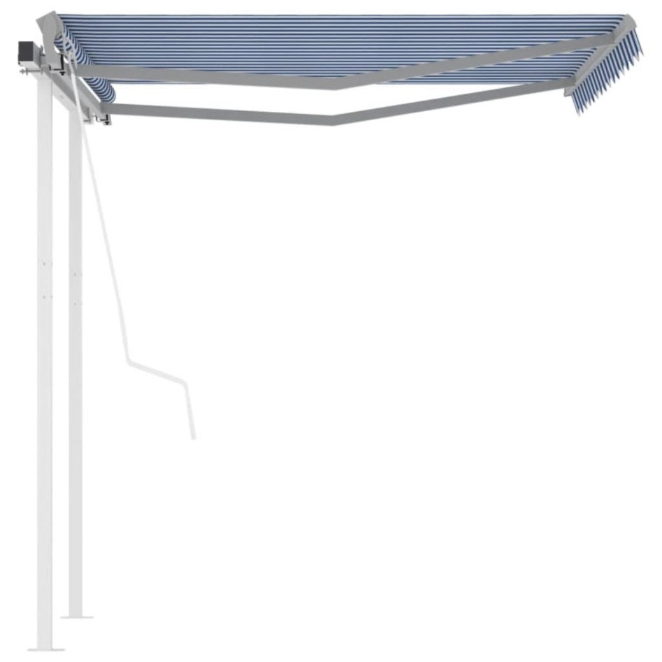 Toldo retráctil automático con postes azul y blanco 3,5x2,5