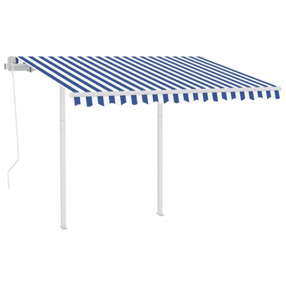 Toldo retráctil automático con postes azul y blanco 3,5x2,5