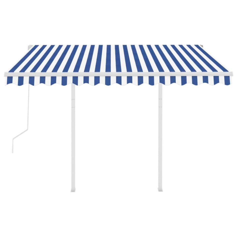 Toldo retráctil automático con postes azul y blanco 3,5x2,5