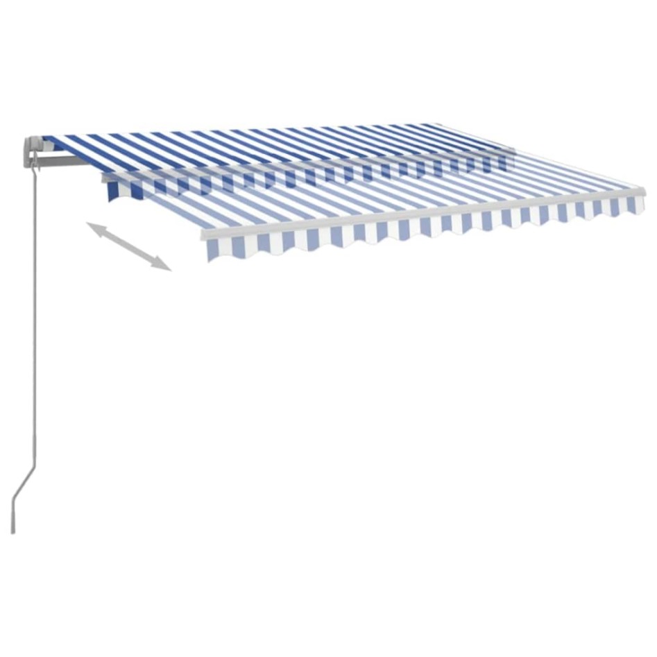 Toldo retráctil automático con postes azul y blanco 3,5x2,5