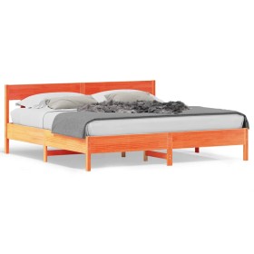 Estructura cama con cabecero madera pino marrón cera 180x200