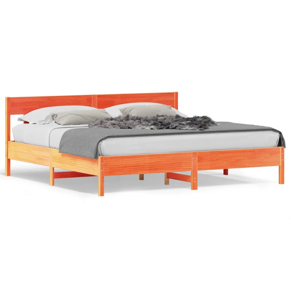 Estructura cama con cabecero madera pino marrón cera 180x200