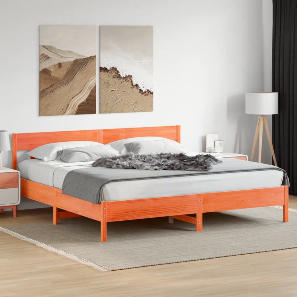 Estructura cama con cabecero madera pino marrón cera 180x200