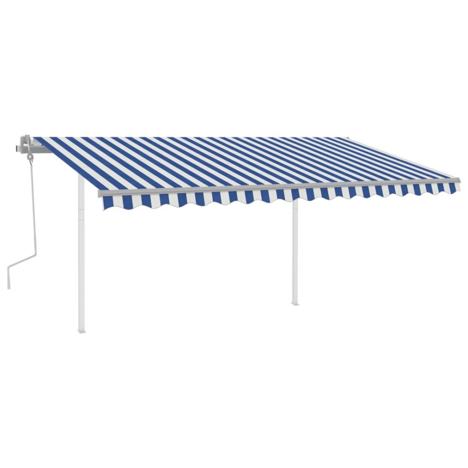 Toldo manual retráctil con postes azul y blanco 4,5x3,5