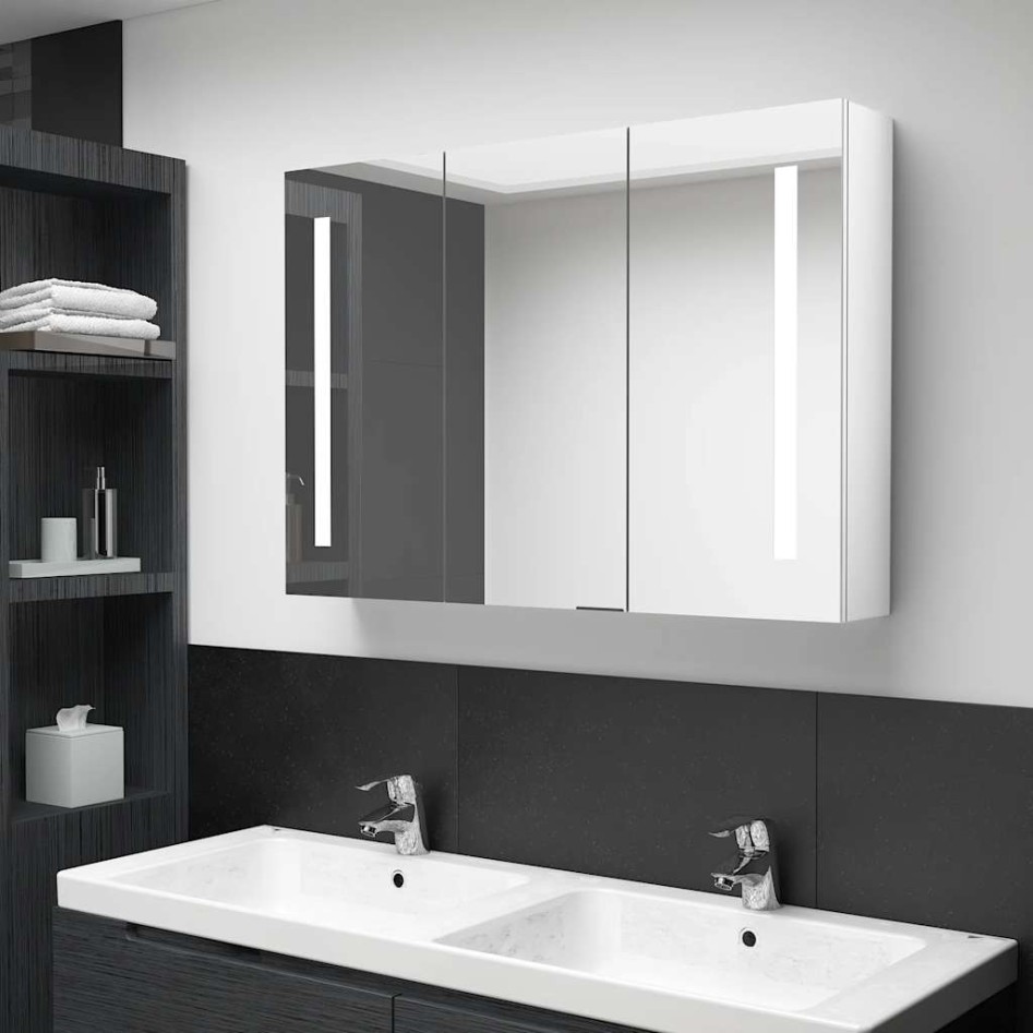 Mueble de baño con espejo LED blanco brillante 89x14x62