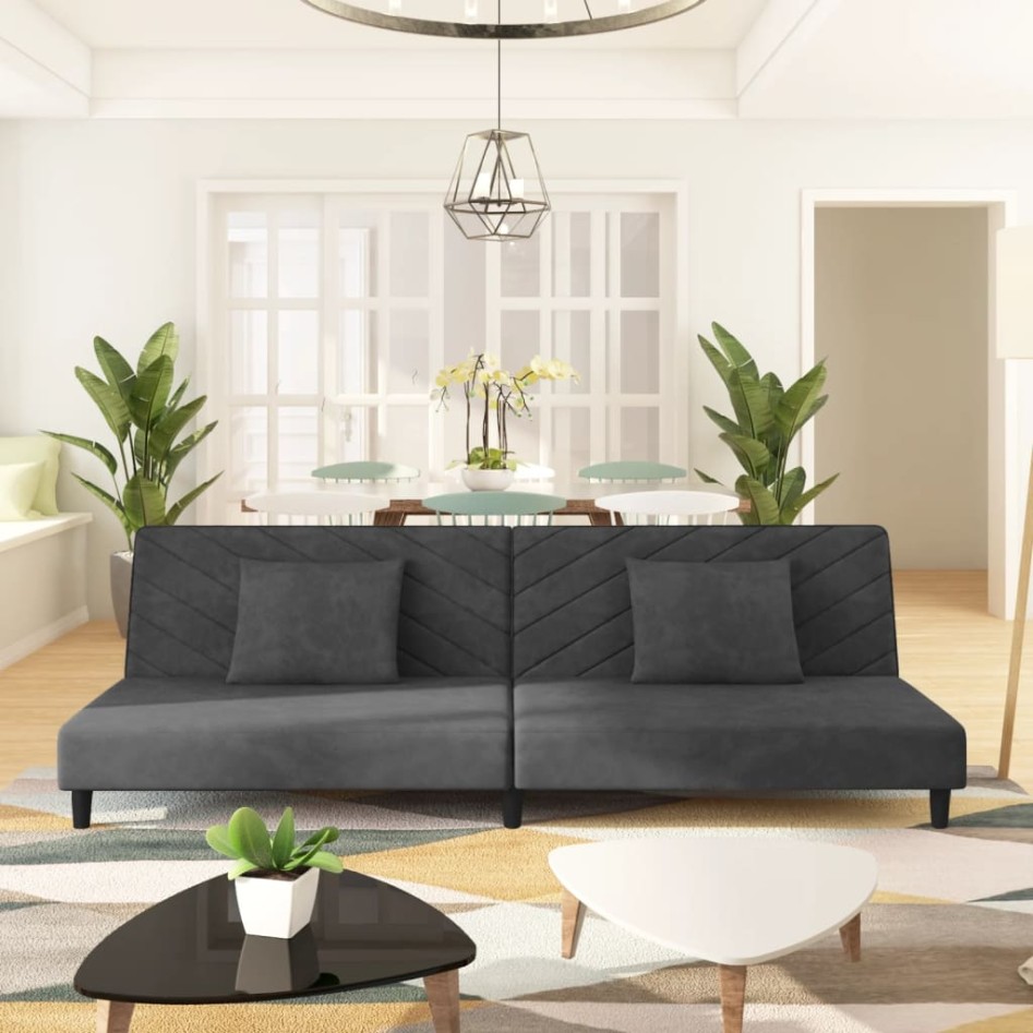 Sofá cama de 2 plazas con dos almohadas terciopelo gris