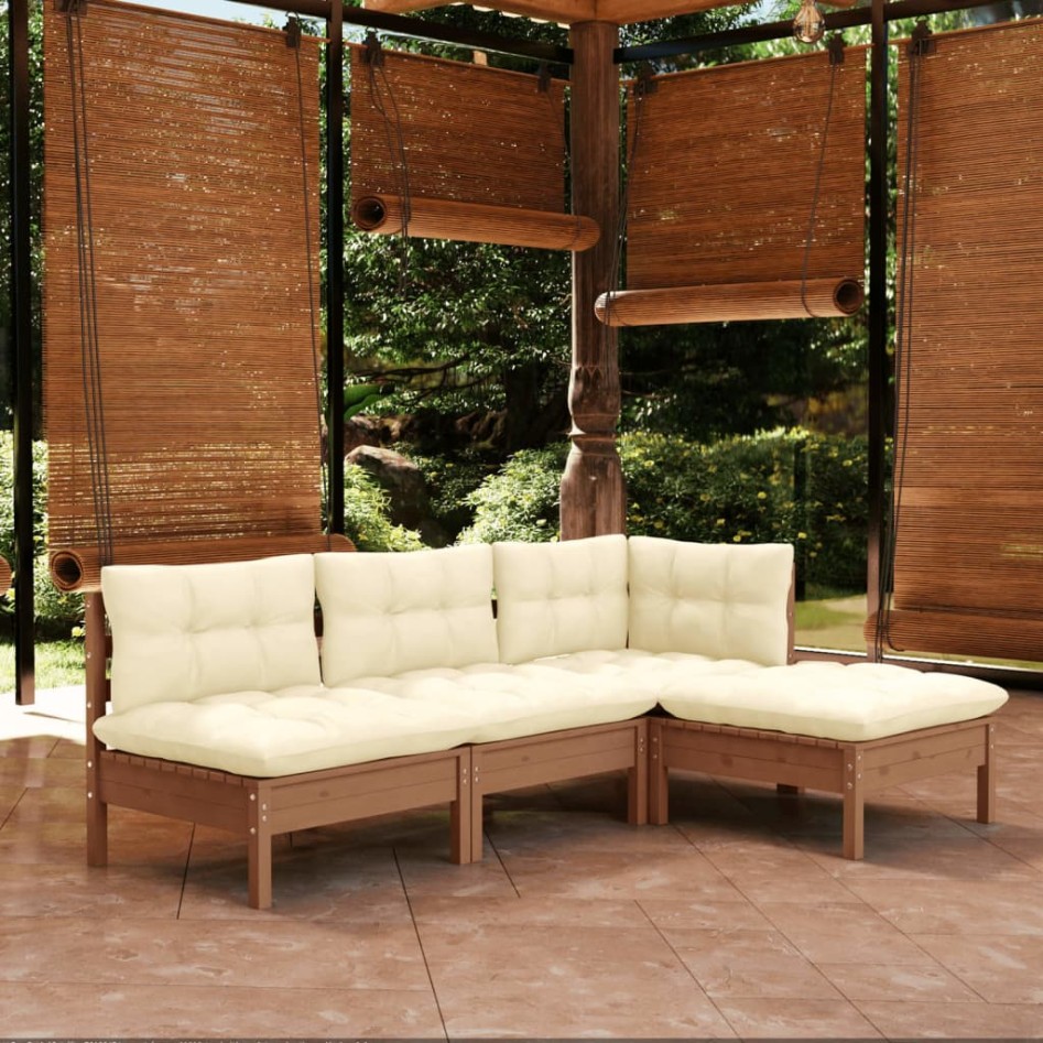 Muebles de jardín 4 pzas y cojines madera de pino marrón