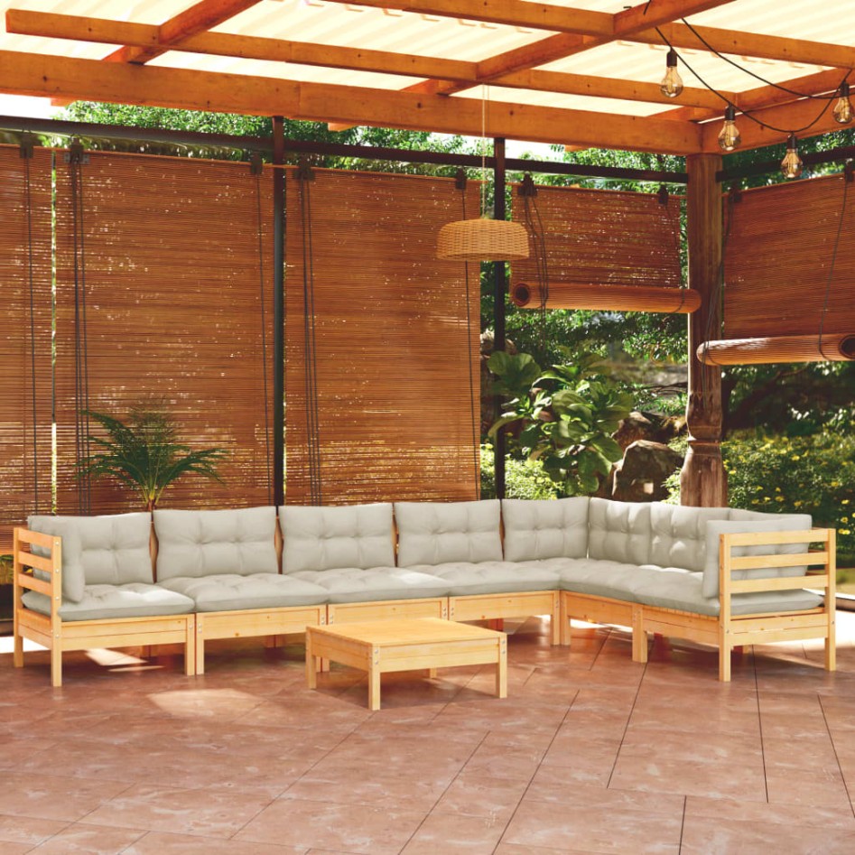 Muebles de jardín 8 pzas y cojines madera maciza de pino