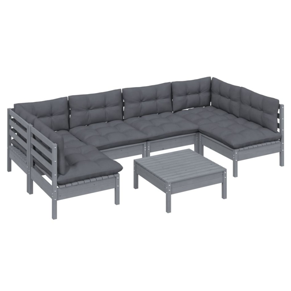 Muebles de jardín 7 pzas y cojines gris madera maciza de