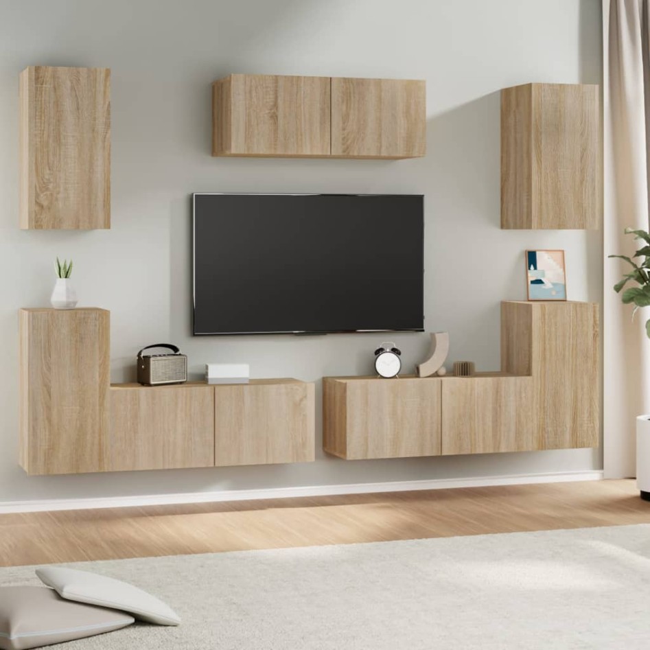 Set de muebles para TV 7 pzas madera contrachapada roble