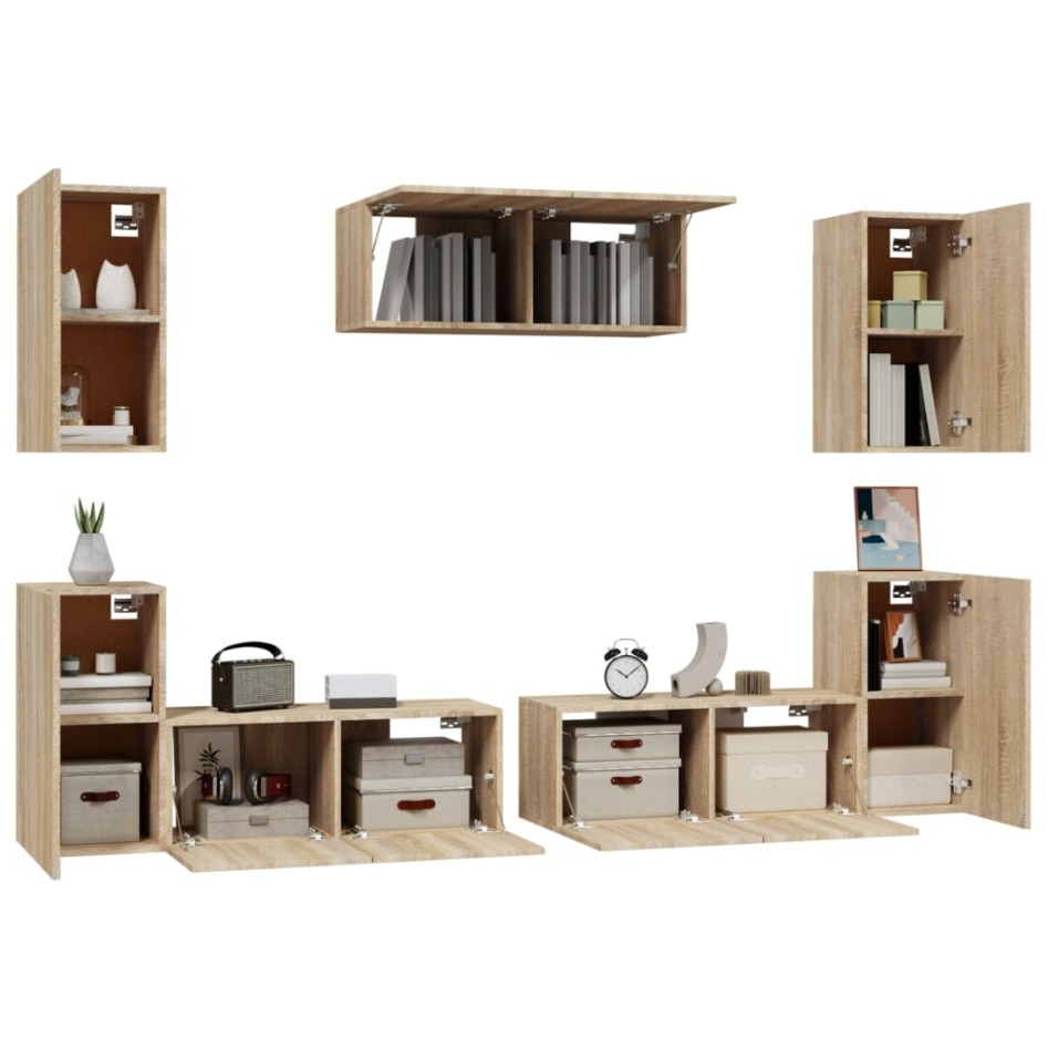 Set de muebles para TV 7 pzas madera contrachapada roble