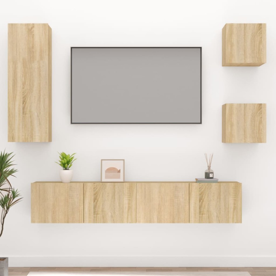 Set de muebles para TV 5 pzas madera contrachapada roble