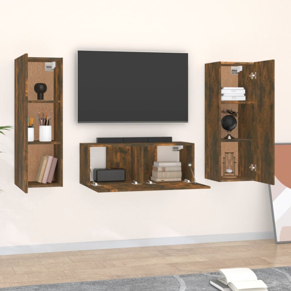 Set de muebles de TV 3 pzas madera contrachapada roble