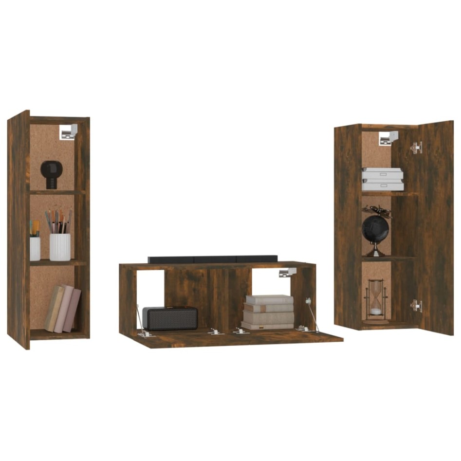 Set de muebles de TV 3 pzas madera contrachapada roble