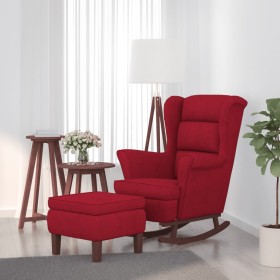 Sillón mecedora patas madera y taburete terciopelo rojo