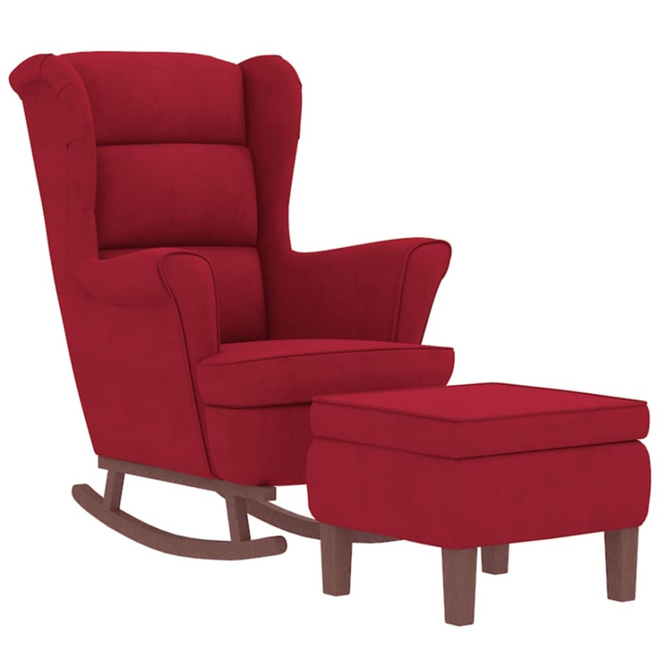 Sillón mecedora patas madera y taburete terciopelo rojo