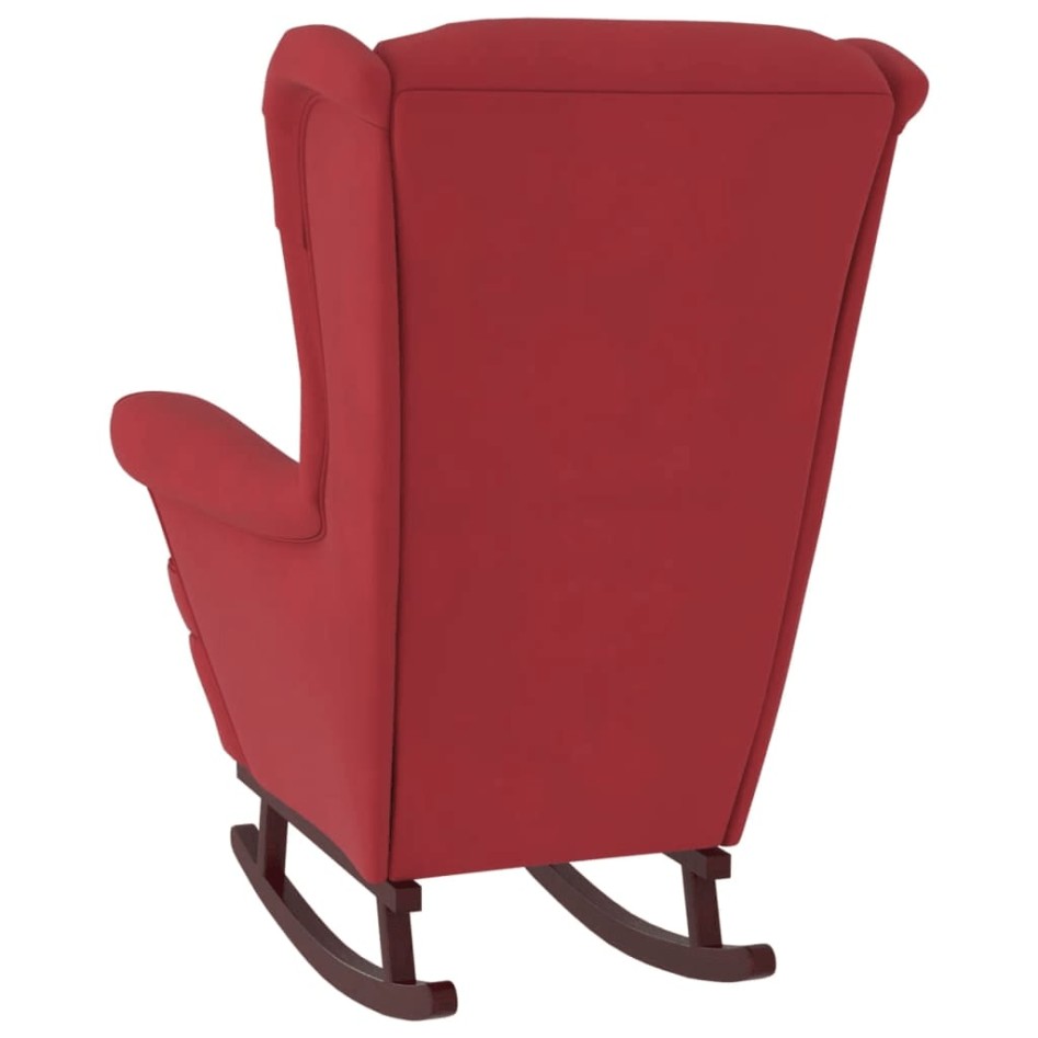 Sillón mecedora patas madera y taburete terciopelo rojo