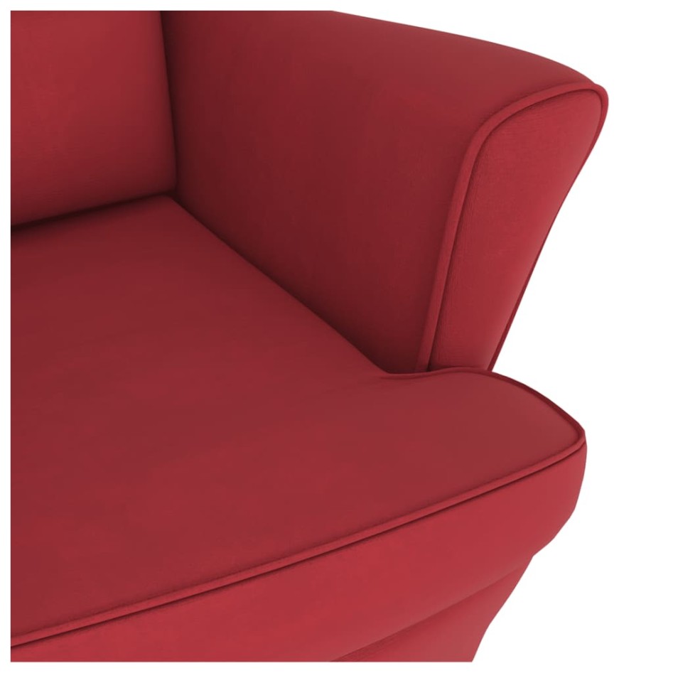 Sillón mecedora patas madera y taburete terciopelo rojo