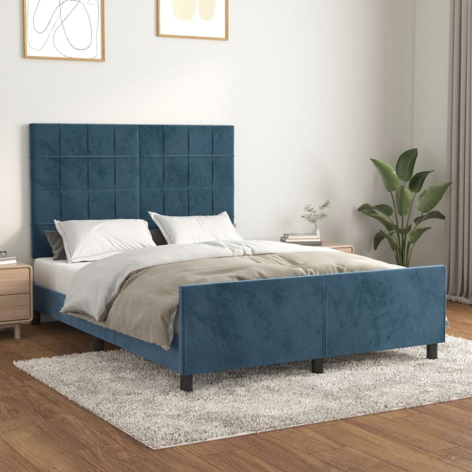 Estructura de cama sin colchón terciopelo azul oscuro