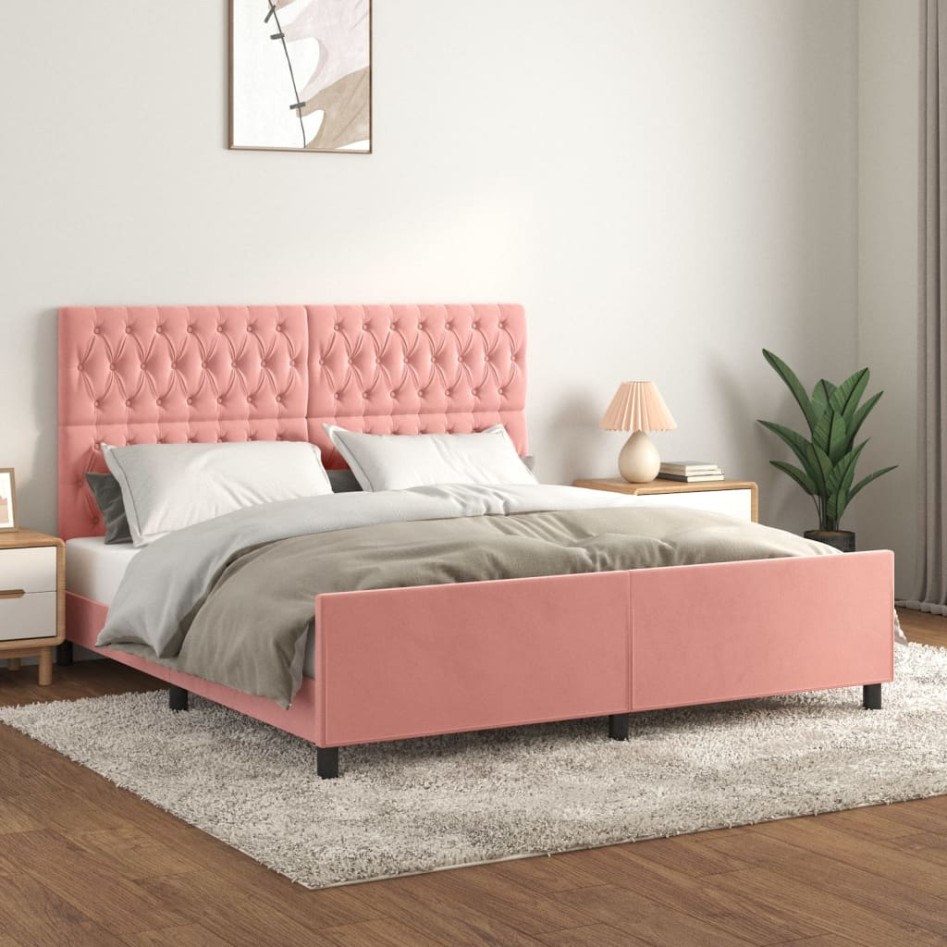 Estructura de cama con cabecero de terciopelo rosa 180x200