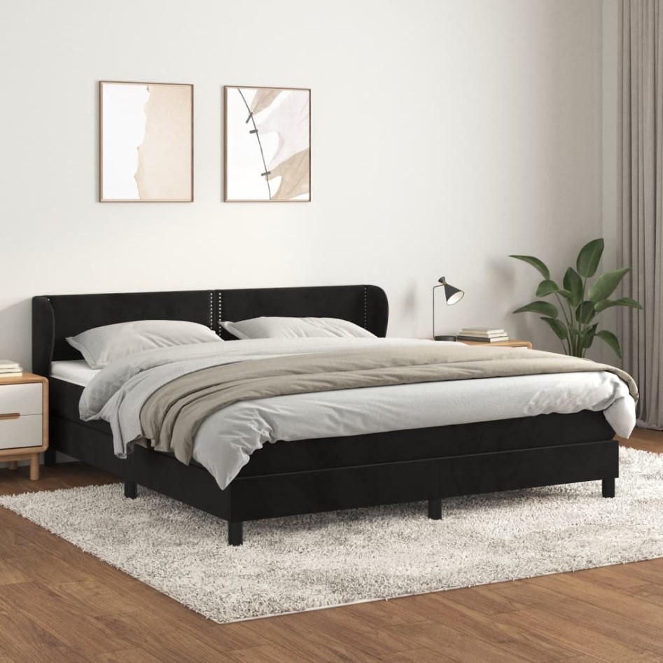 Cama box spring con colchón terciopelo negro 160x200