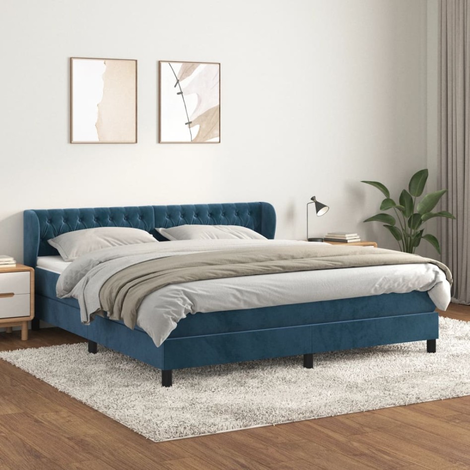 Cama box spring con colchón terciopelo azul oscuro 180x200
