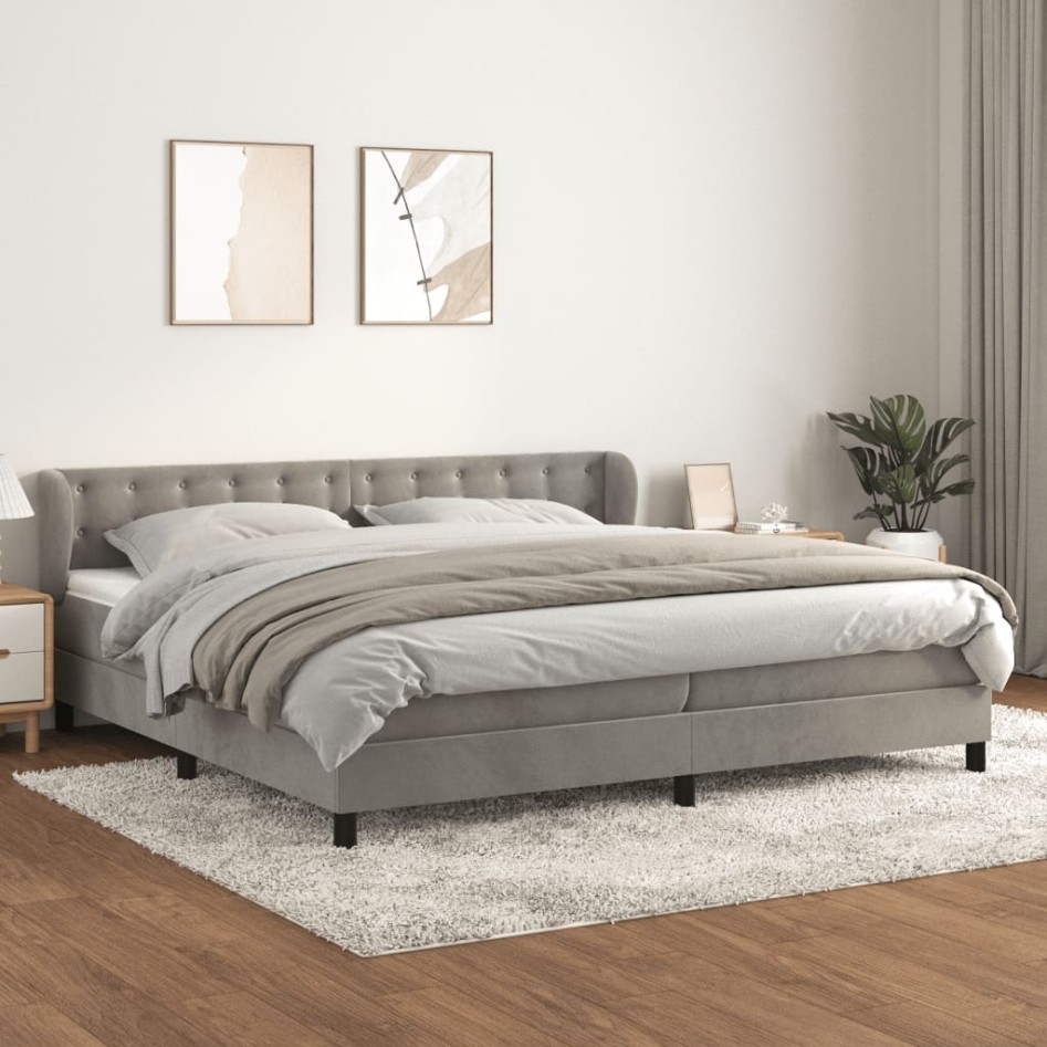 Cama box spring con colchón terciopelo gris claro 200x200