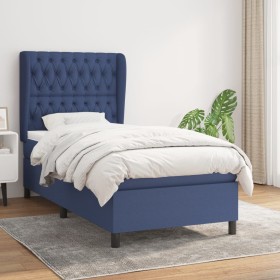 Cama box spring con colchón tela azul 100x200