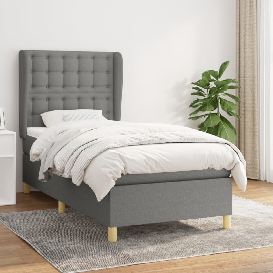 Cama box spring con colchón tela gris oscuro 90x200