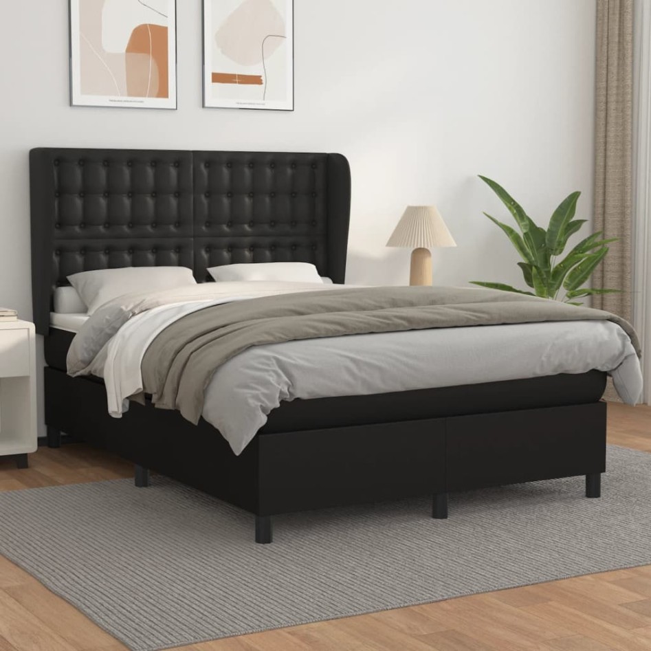 Cama box spring con colchón cuero sintético negro 140x190