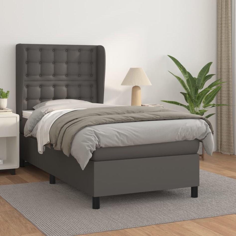 Cama box spring con colchón cuero sintético gris 100x200